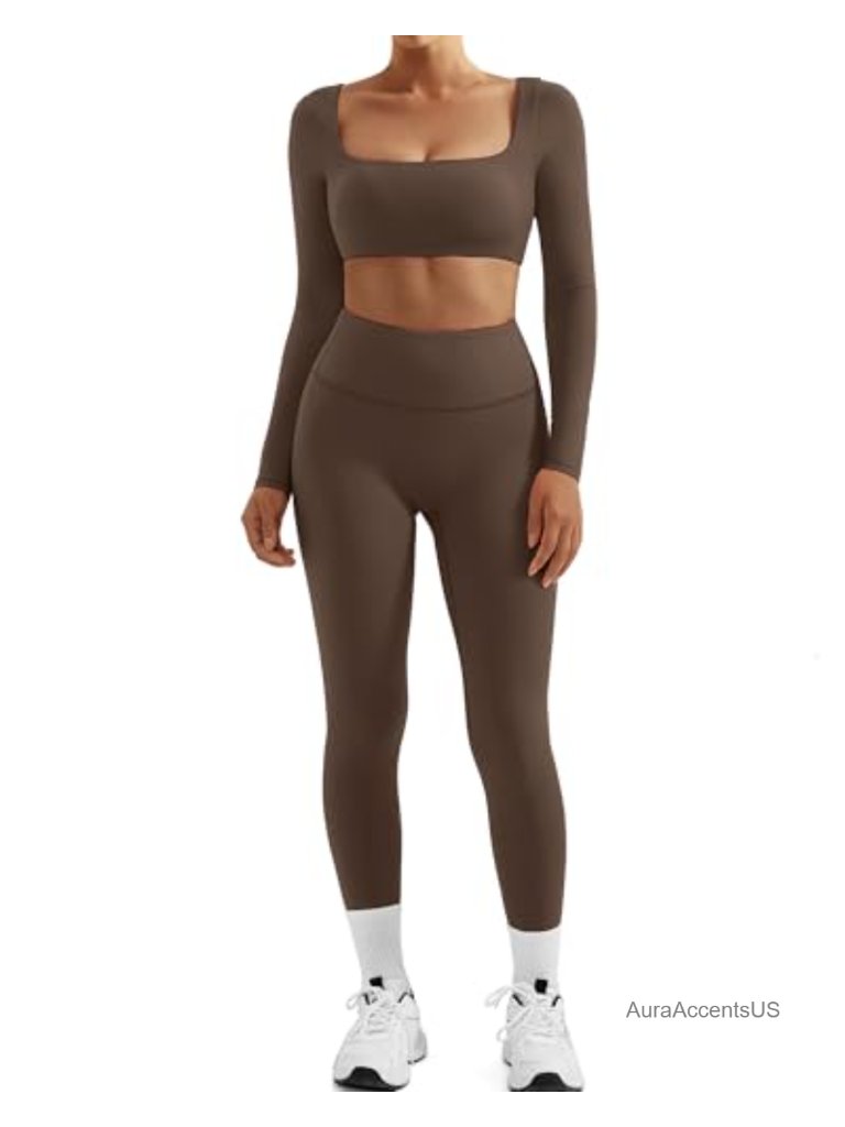 Two Piece Workout Set Compression Leggings With Pockets Long Sleeve Square Neck
